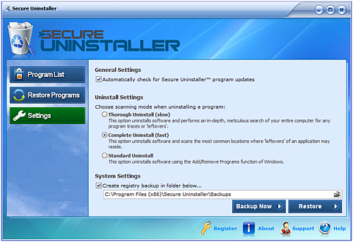 Program Settings Secure uninstaller settings
